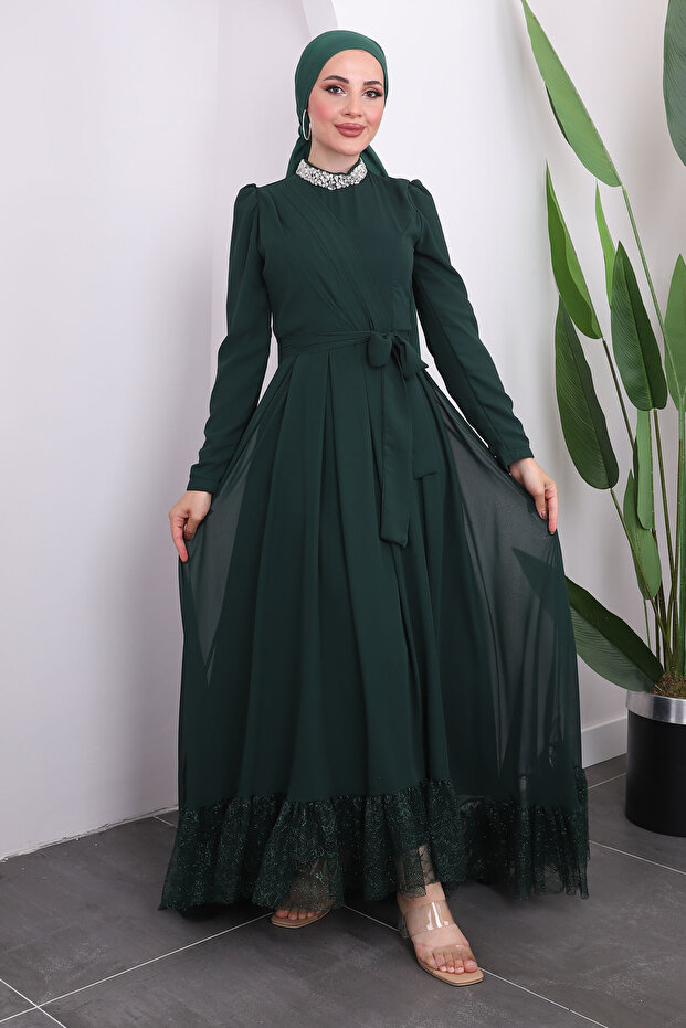 Emerald Green Stone DeTailed Laced Evening Dress