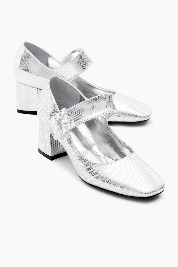 Women's Silver Neolite Sole Patterned Velcro Stone Buckle Heeled Shoes