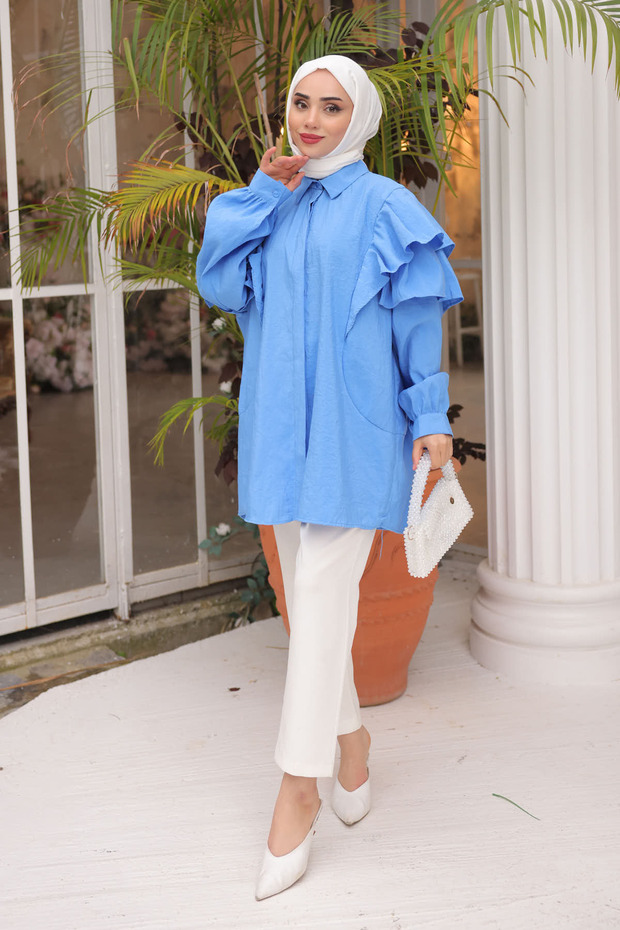 Mavi Kol Fırfırlı Gömlek - 2