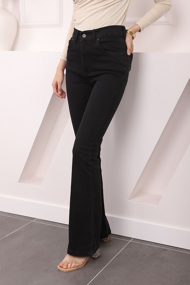 Antrasit Yüksek Bel Ispanyol Paça Jeans Pantolon - 1
