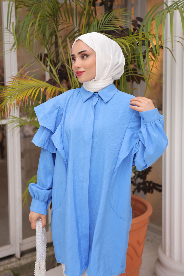 Mavi Kol Fırfırlı Gömlek - 4