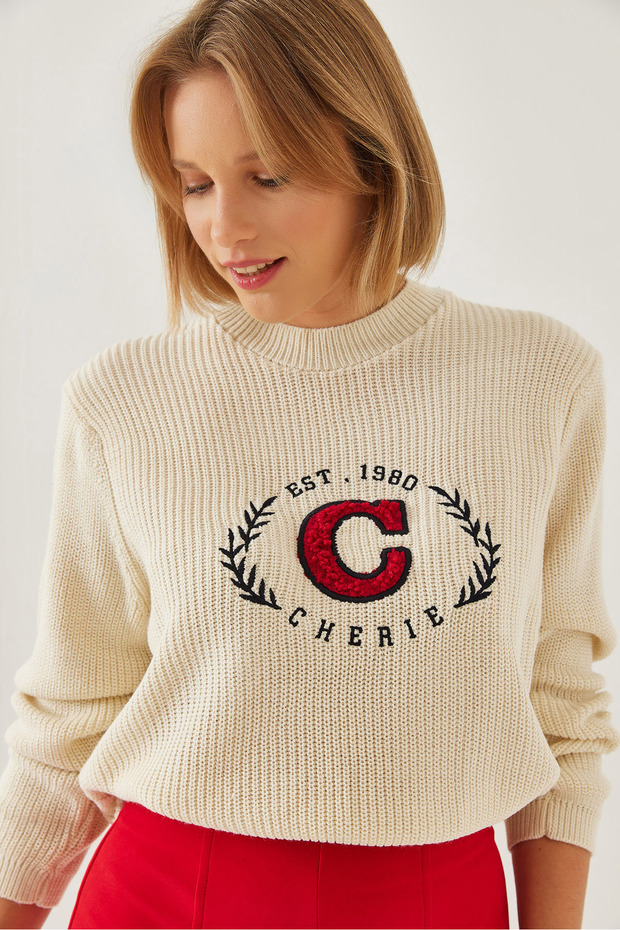 Women's Ecru Red Crew Neck Embroidered Thessaloniki Knitwear Sweater 20247528