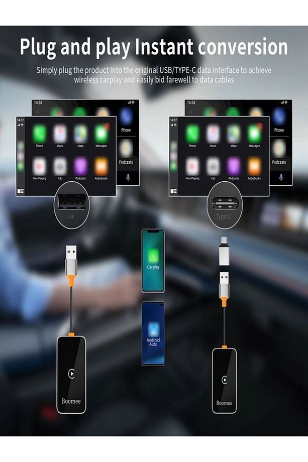 2in1 USB TYPE-C Giriş'li Wireless Kablosuz Apple Android CarPlay Bluetooth Araç Kiti Adaptör - 7