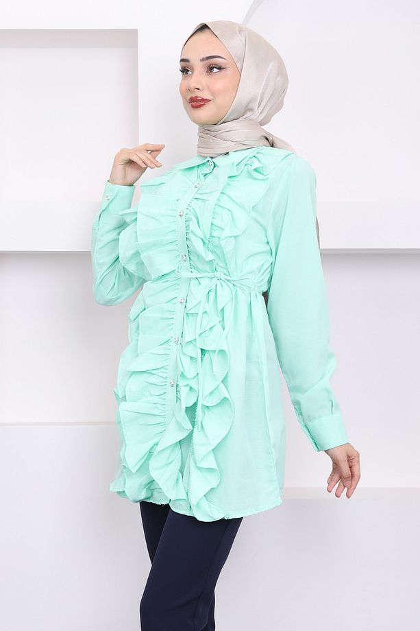Mint Ön Fırfırlı Bağlamalı Poplin Tunik - 5