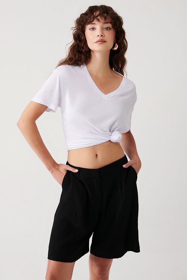 Kısa Kollu V Yaka Basic Tshirt - 2