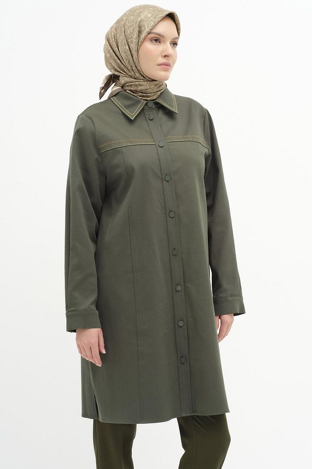 Yaka Ve Robası Nakış Detaylı Canvas Tunik - Haki - 4