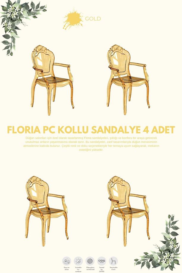 FLORİA  KOLLU POLİKARBON DÜĞÜN SANDALYESİ 4 ADET SET - 1