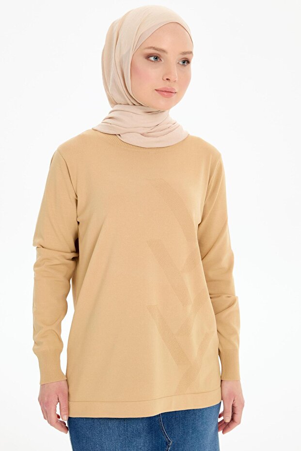 Sıfır Yaka Merserize Bluz - Bej - 2