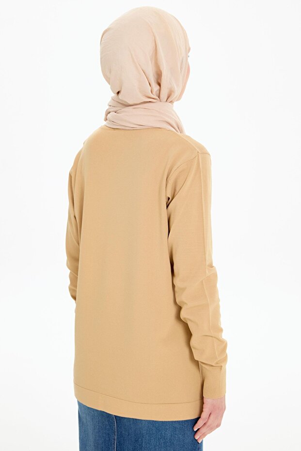 Sıfır Yaka Merserize Bluz - Bej - 4