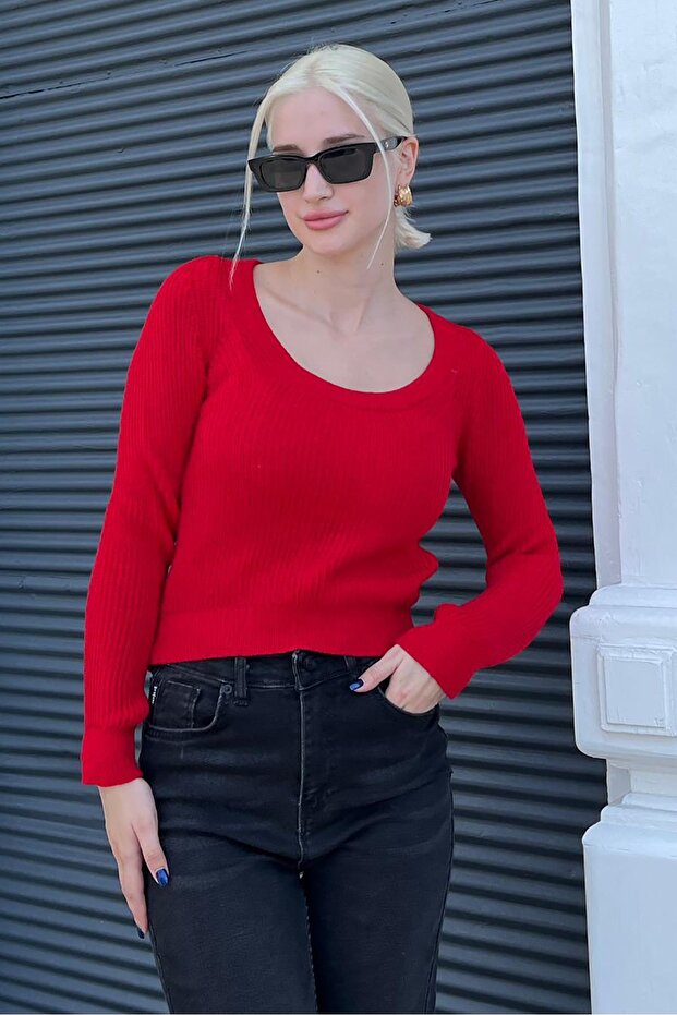 Kırmızı Bisiklet Yaka Basic Örme Kazak MG2189 - 2