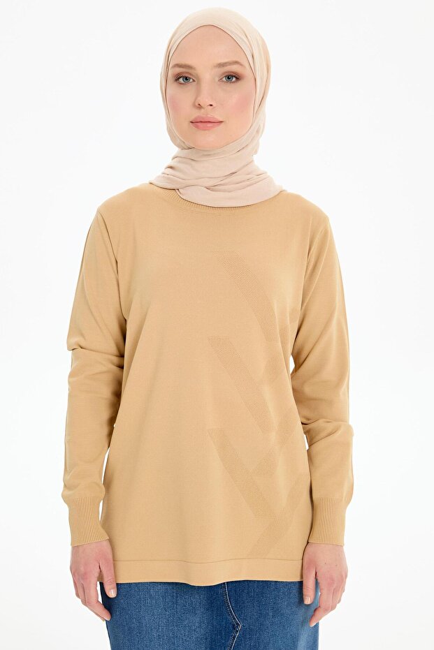 Sıfır Yaka Merserize Bluz - Bej - 1
