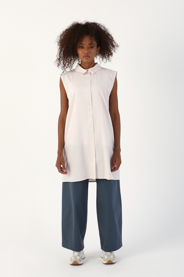 Açık Pembe Kolsuz Basic Gömlek Tunik - 2