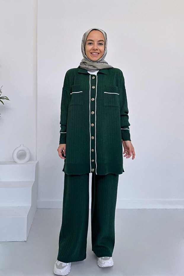 Double Pocket Button Detail Knitwear Hijab Set of 2 - Emerald