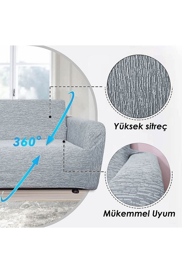 Düz Jakarlı 3 Kişilik Gri Kanepe Örtüsü | Lastikli Koltuk Örtüsü |çekyat Örtüsü| koltuk kılıfı - 8