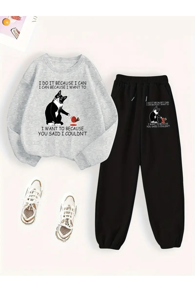 Printed Casual Tracksuit Set for Women Gray Round Neck Sweatshirt Black Pants