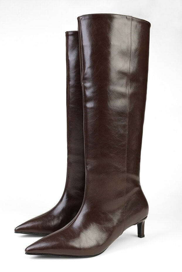 Női Blaze barna bőrű rövid, hegyes sarkú csizma - 1