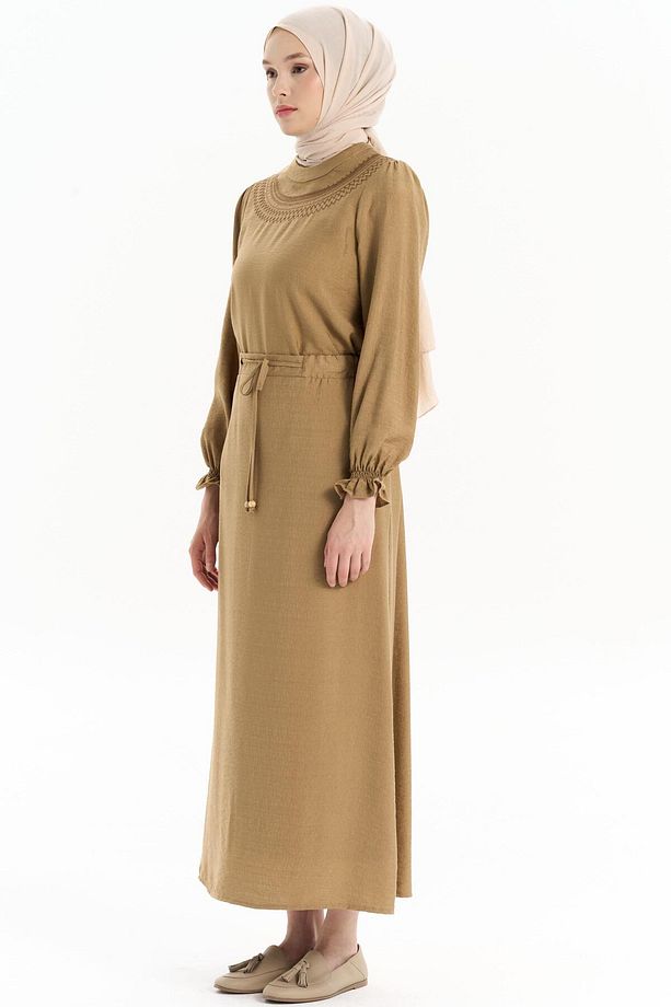 Nakış Detaylı Bluz Etek Takım - Camel - 5