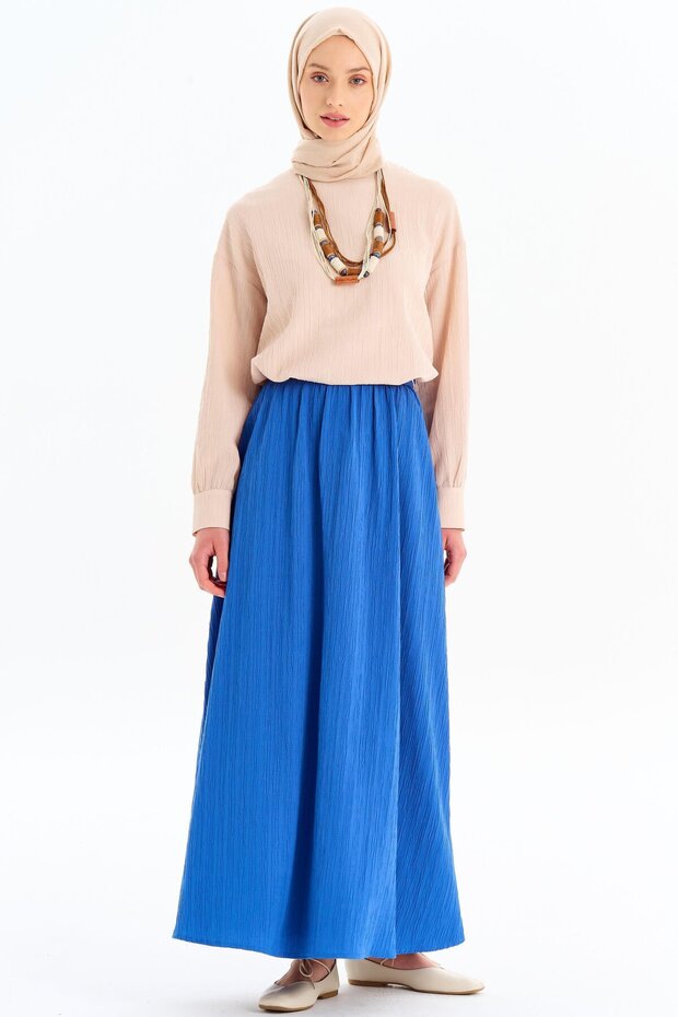 Sıfır Yaka Bluz Büzgülü Etek Takım - Bej- Saks - 1