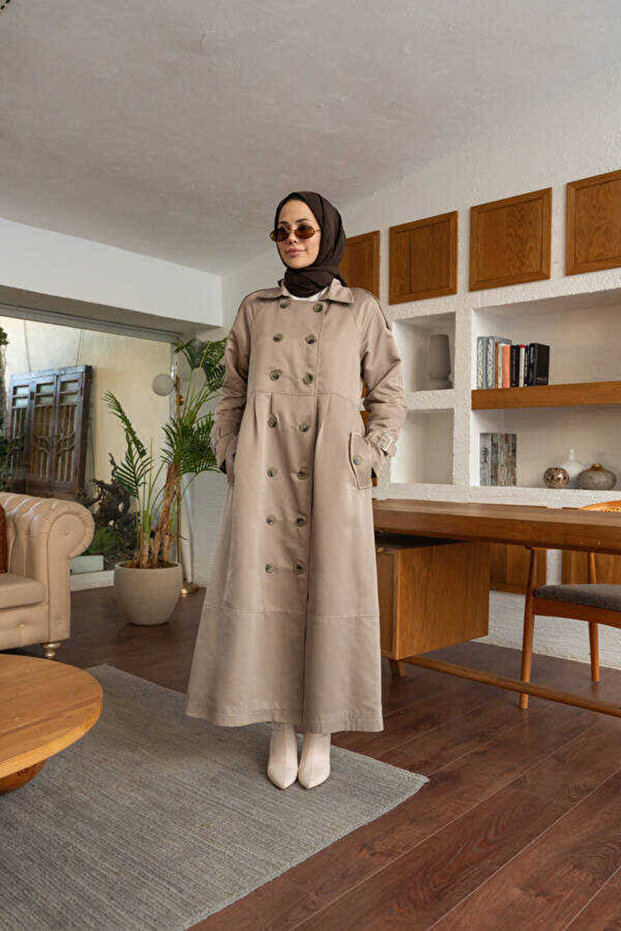 6632-Decorated Pleated Khaki Lens Jacket with Reglan Sleeves