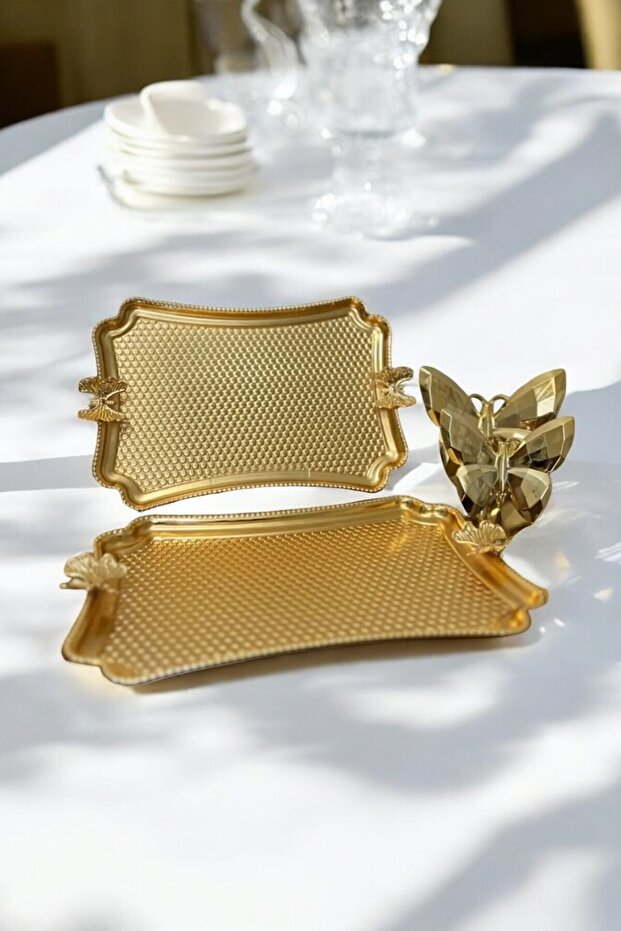 صينية تقديم ذهبية - نمط فراشة، صينية مستطيلة، قطعة واحدة - 3