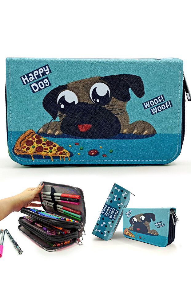 Pencil Case Cute Dog Kawai Organizer Pencil Case Vegan Leather Three Compartment Pen Holder Black