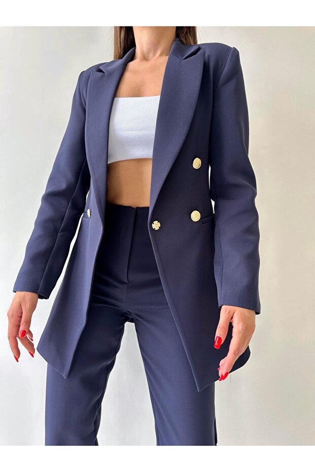 Long Gold Button Blazer Jacket Navy Blue