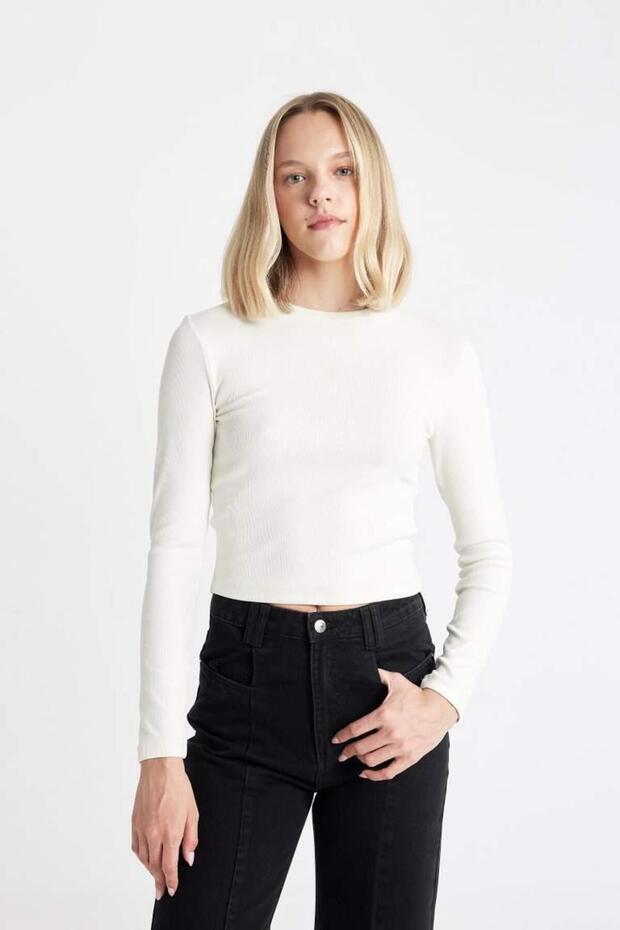 Fitted Crew Neck Ribbed Camisole Basic Solid Long Sleeve T-Shirt - 3