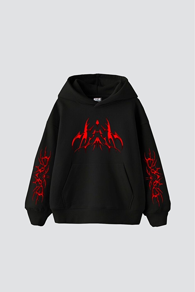 Holographic Red Printed Oversize Unisex Premium Black Hoodie