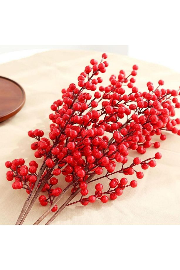 3 Adet Yapay Çiçek Kokina Uzun Dal 63cm Yılbaşı Çiçeği Red Berry - 6