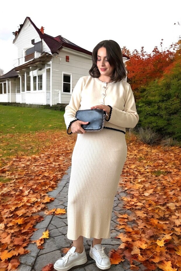 E0077 Ceketli Elbiseli Triko Takım - Krem - 3