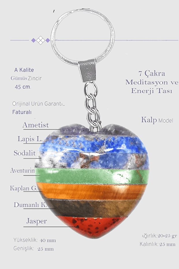Certified Heart Model Aaa+ Quality 7 Chakra Natural Stone Keychain