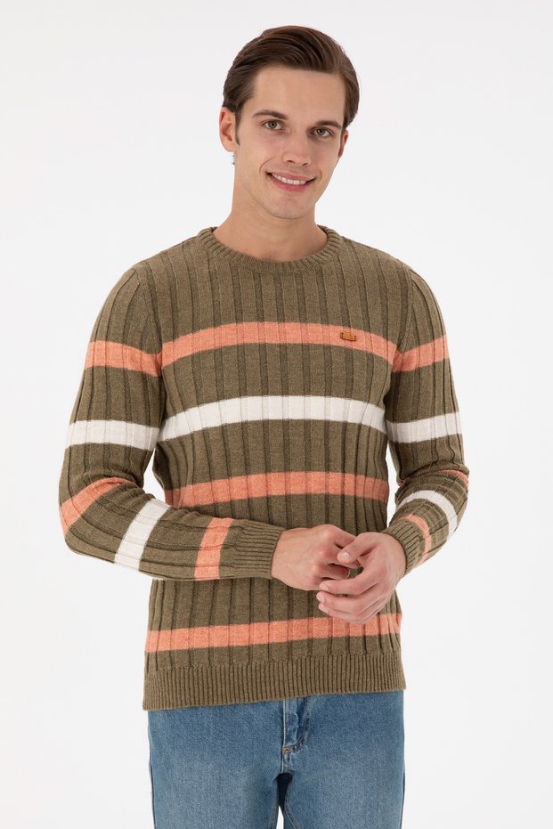 Men's Regular Fit Crew Neck Khaki Sweater 50293109-Vr027