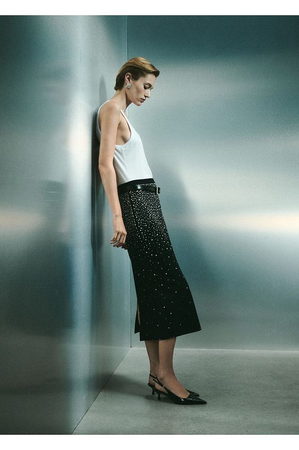 Strass taşlı midi etek - 7