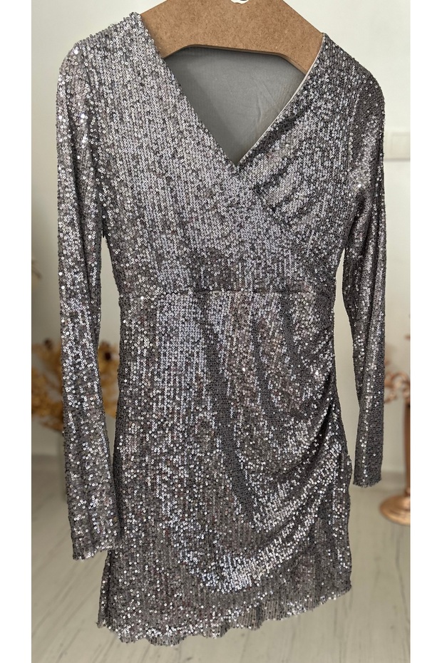 Pullu Payetli, Kruvaze Yaka, Yandan Drapeli, Mini Elbise - 6