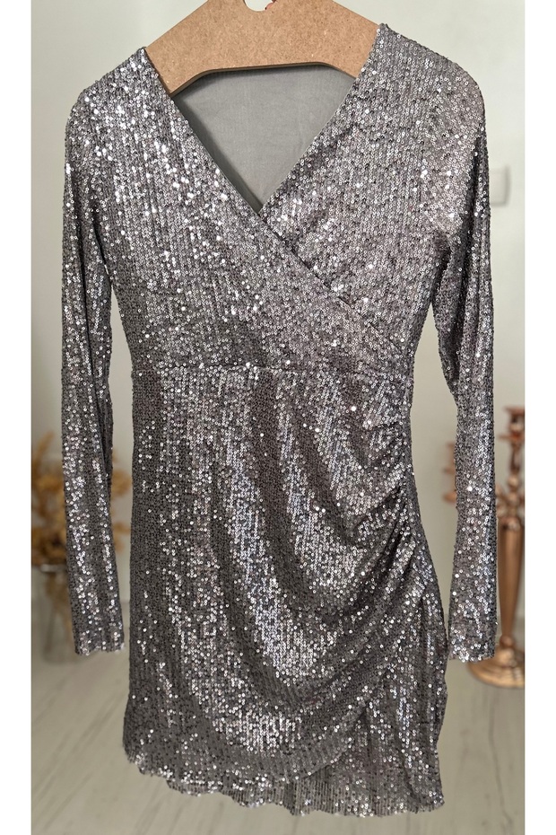 Pullu Payetli, Kruvaze Yaka, Yandan Drapeli, Mini Elbise - 7