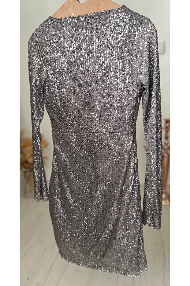 Pullu Payetli, Kruvaze Yaka, Yandan Drapeli, Mini Elbise - 2