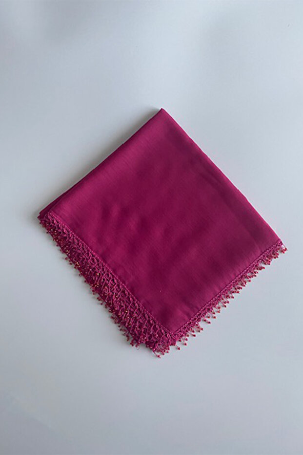 Sand Bead Detailed 90*90 Square Crochet Embroidered Writing/Dark Pink