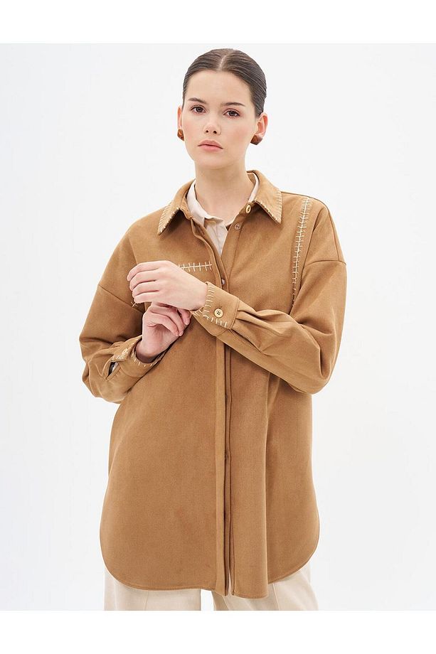 Punto Dikişli Süet Tunik Camel - 4