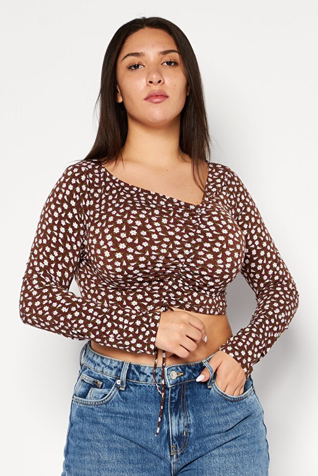 Women Asymmetric Neck Long Sleeves Floral Printed Blouse, Brown Combo