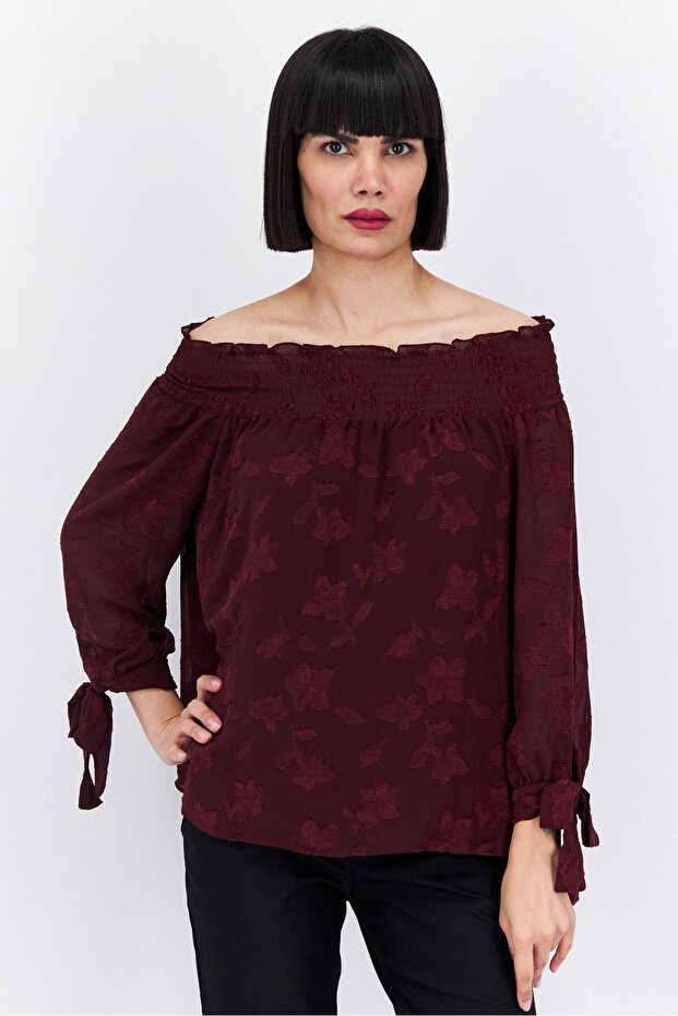 Women Off Shoulder Long Sleeve Floral Jacquard Blouse, Maroon
