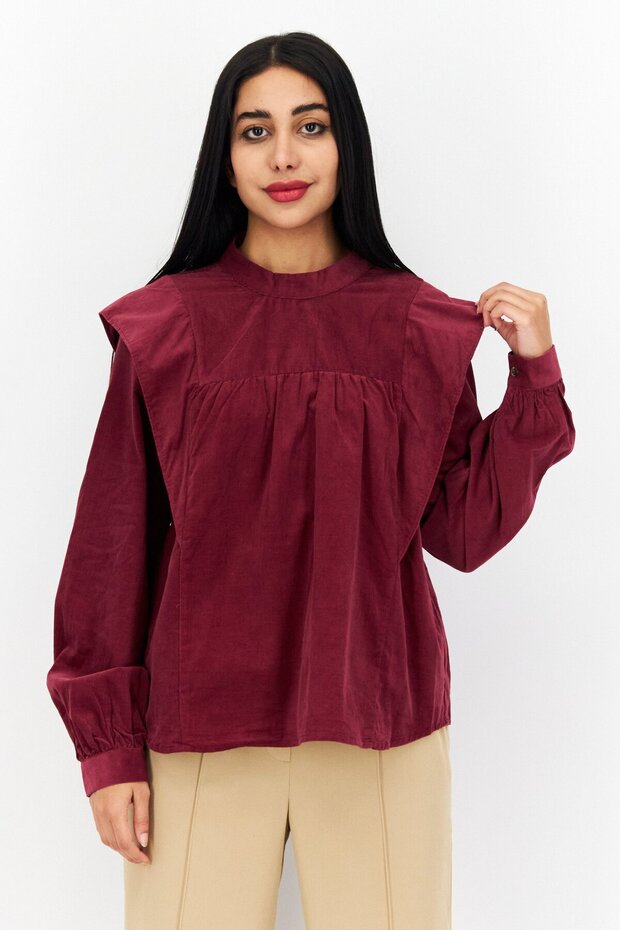 Women Mock Neck Long Sleeve Corduroy Blouse, Maroon