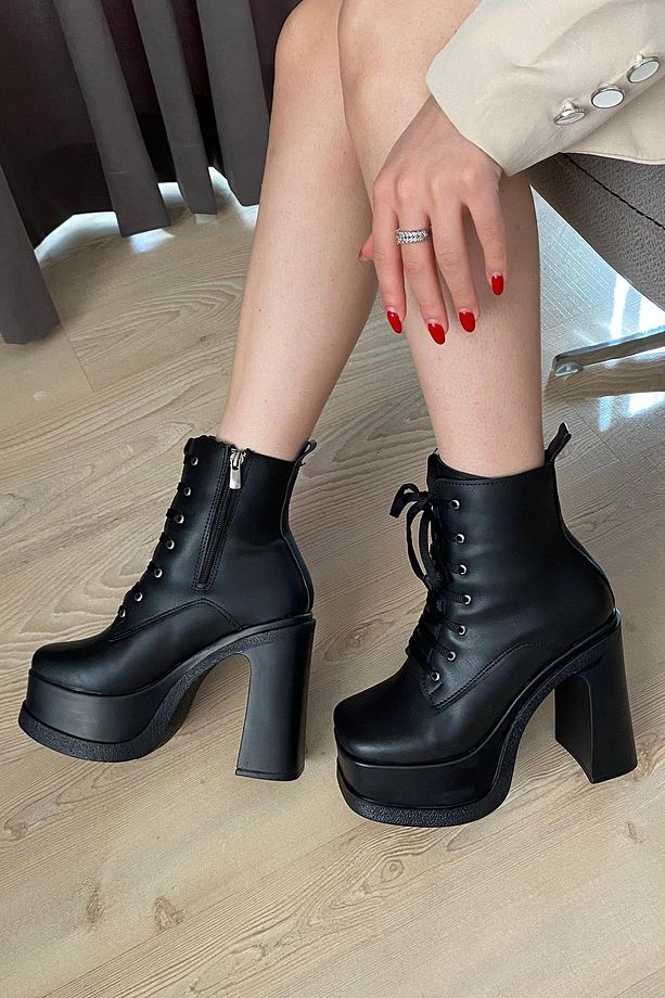 Kadın Simya Siyah Bağcıklı Detaylı 12 cm Platform Topuklu Fermuarlı Bot - 4