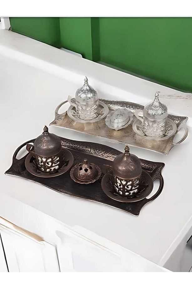 Bakır Fincan Takımı 4 Kişilik - Bakır Osmanlı Türk Kahvesi Tepsi Lokumluk 2 Adet Kahve Fincanı Seti - 1