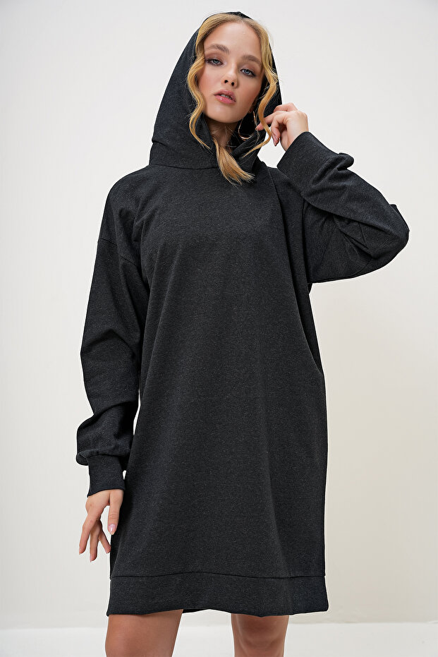 Kadın Antrasit Kapüşonlu Sweatshirt Elbise ALC-018-109-TE - 5