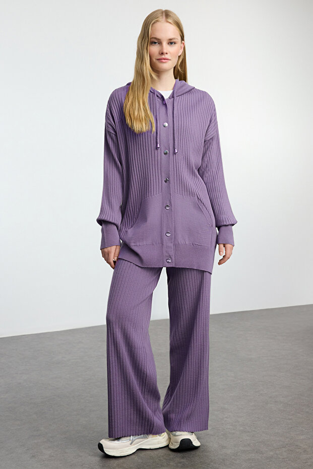 Lila Kapüşonlu Oversize Triko Alt-Üst Takım TCTAW25US00022