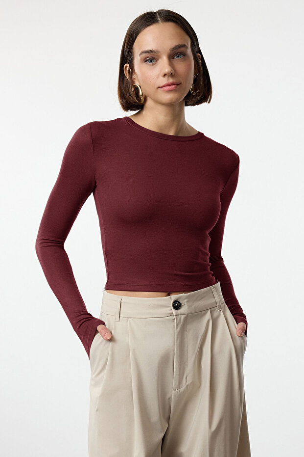Bordo Viskon Bisiklet Yaka Crop Esnek Örme Bluz TWOAW24BZ00116 - 3