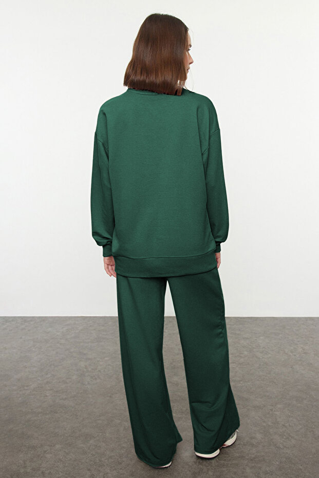 Zümrüt Yeşili Oversize Kalıp Wide Leg/Geniş Paça Örme Sweatshirt/Alt Eşofman Takımı TWOAW25EM00004 - 3