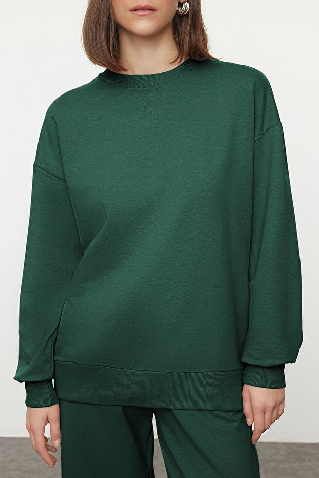 Zümrüt Yeşili Oversize Kalıp Wide Leg/Geniş Paça Örme Sweatshirt/Alt Eşofman Takımı TWOAW25EM00004 - 2