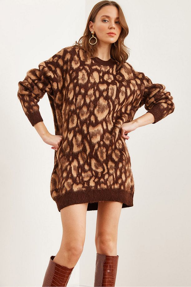 Kadın Camel Şardonlu Oversize Leopar Tunik Elbise ELB-19002298 - 1