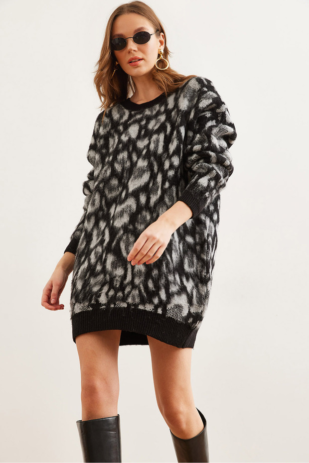 Women's Black Raised Oversize Leopard Tunic Dress Elb- 19002298
